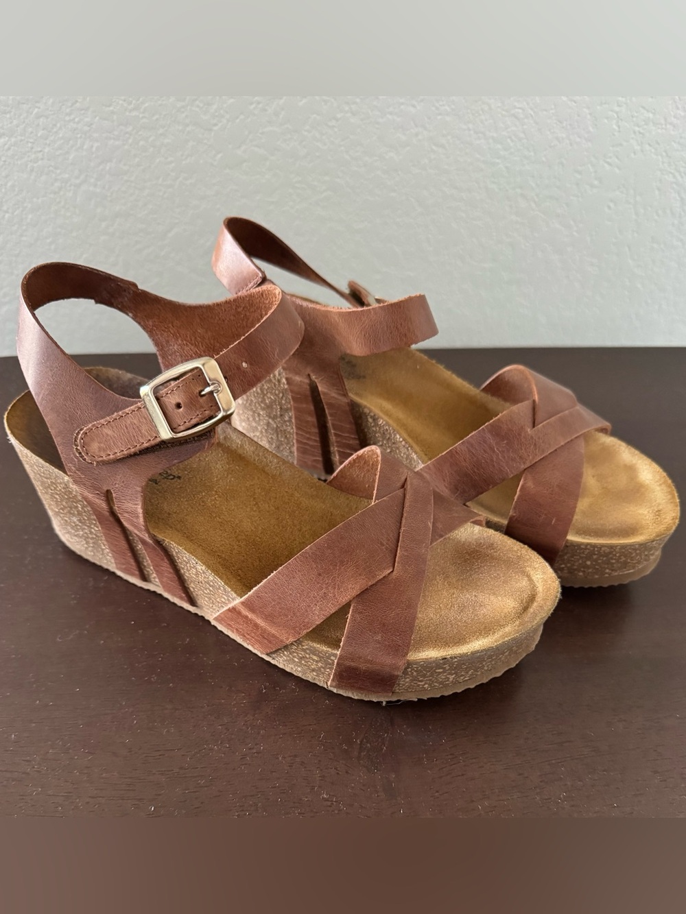 Spring Step Brown Leather Strappy Wedge Sandals